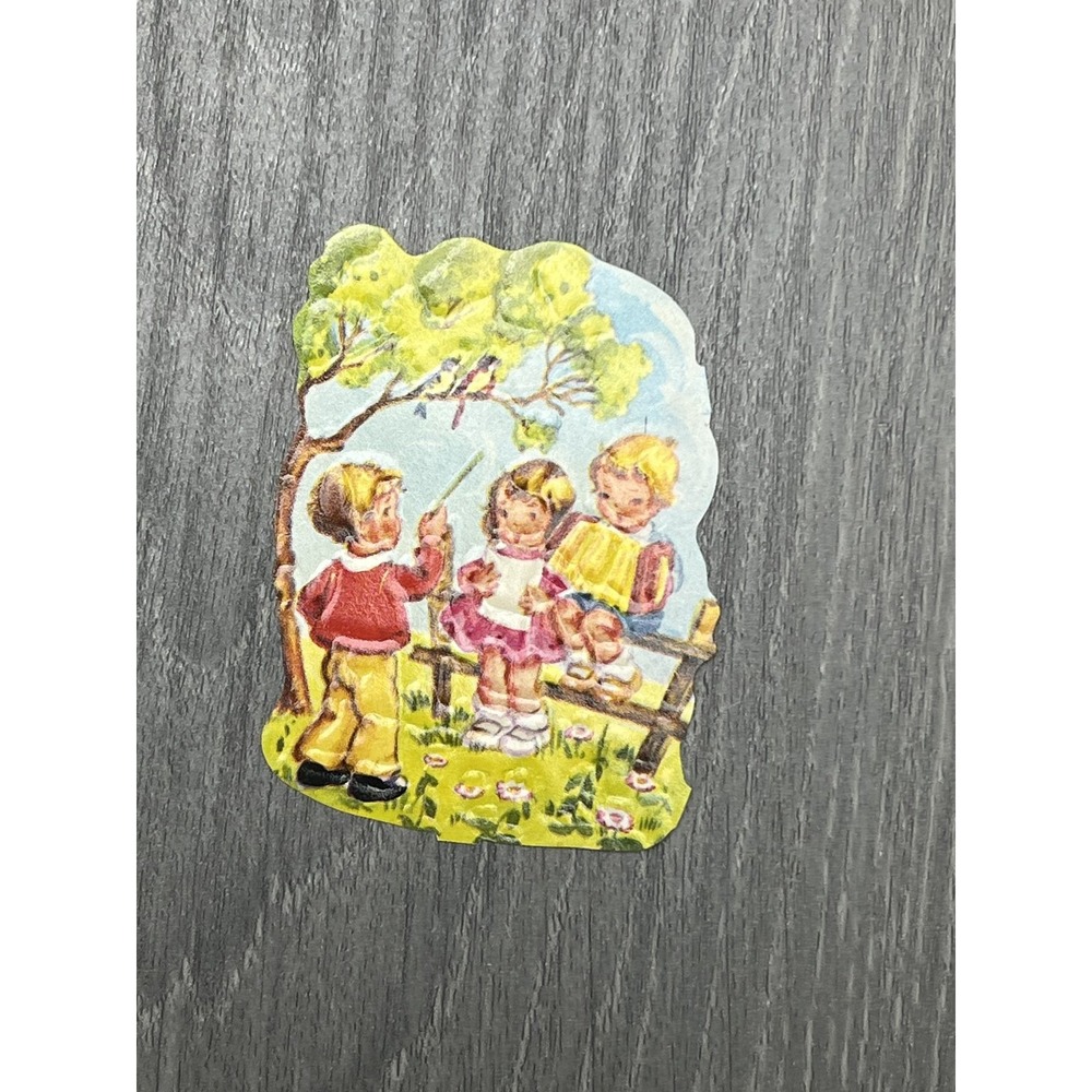 Vintage Die-Cut Scrap Children Accordion Birds Tree Garden Scene Ephemera